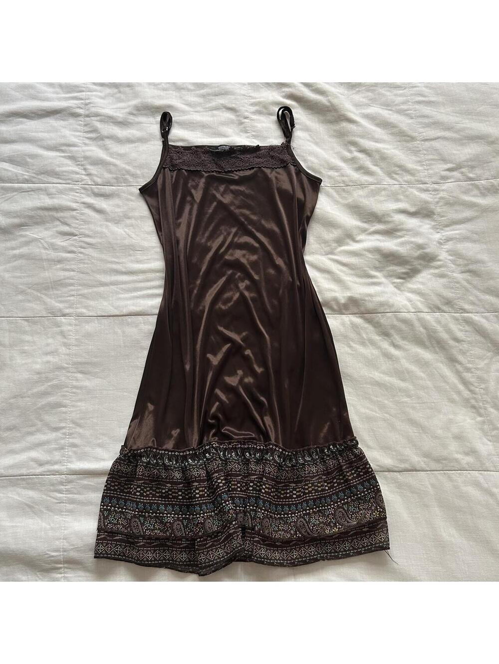Japanese Brand Brown Satin Cami Dress Lace Paisley Ruffle Hem Size S